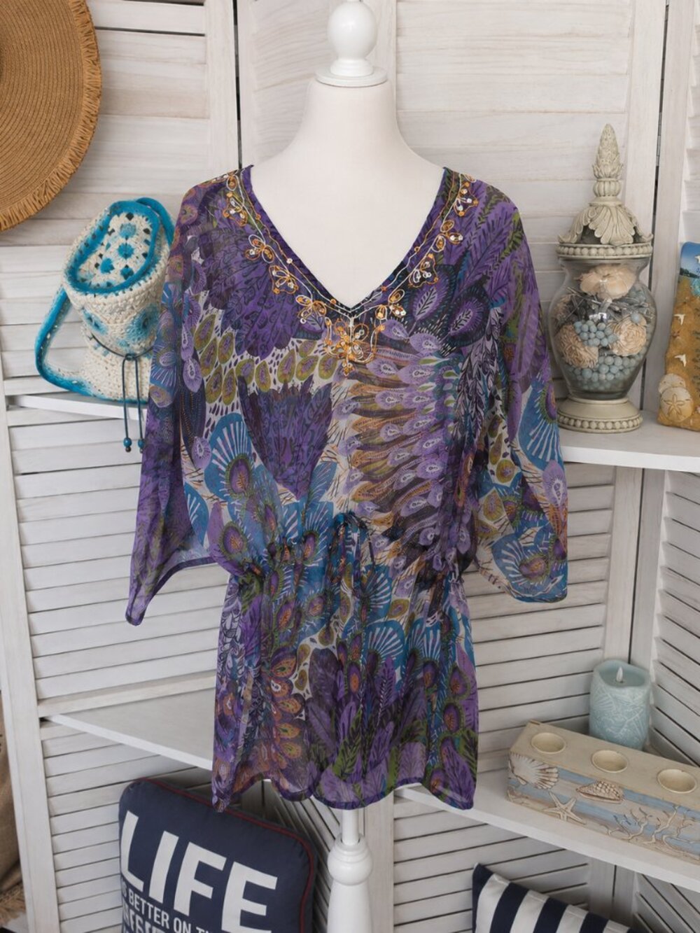 Rima Beachwear Sheer Boho Cover Up Tunic | Purple Embellished Resort Kaftan